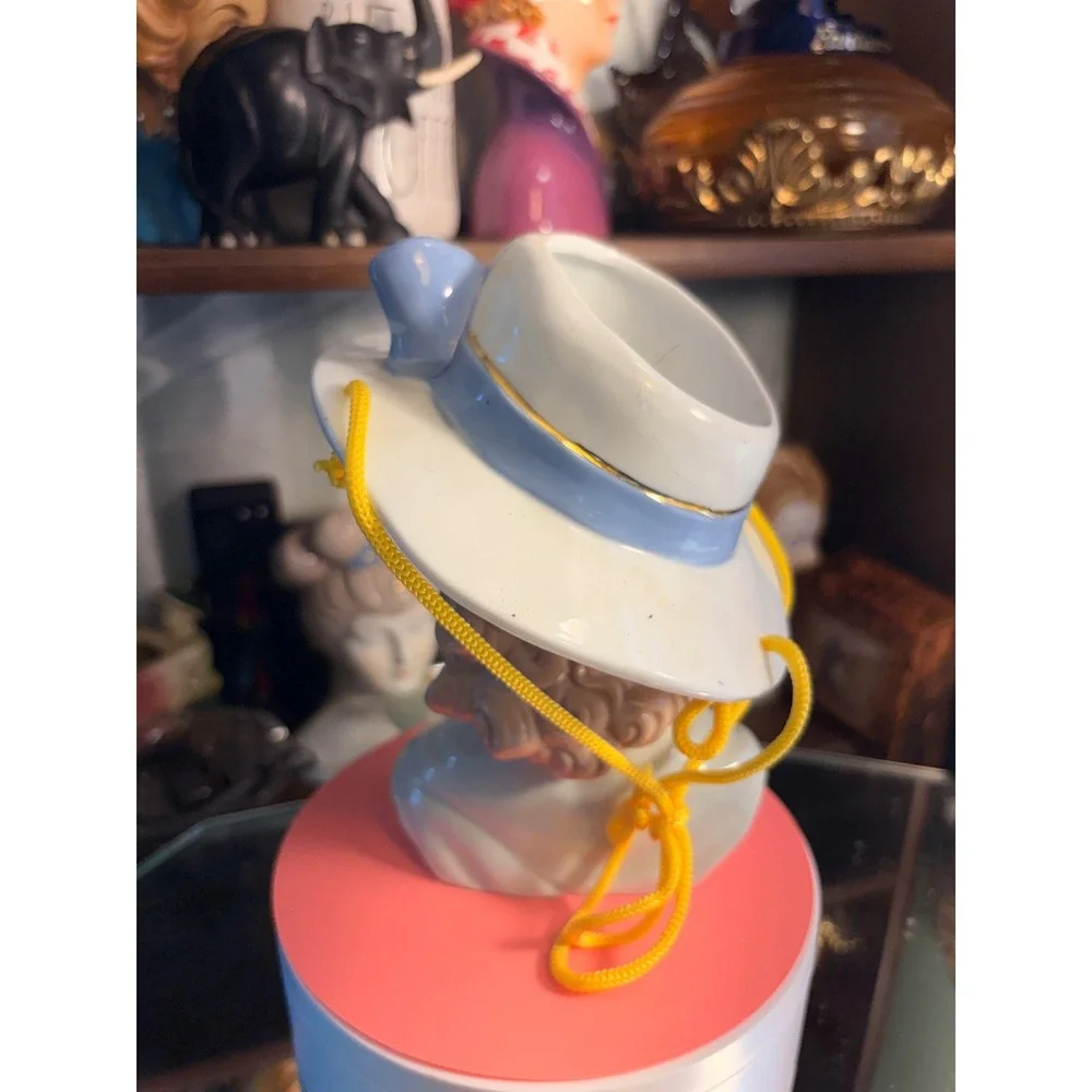 Vintage Ceramic Lady Head Vase Blue Hat Gold Trim Mid Century Style Figurine